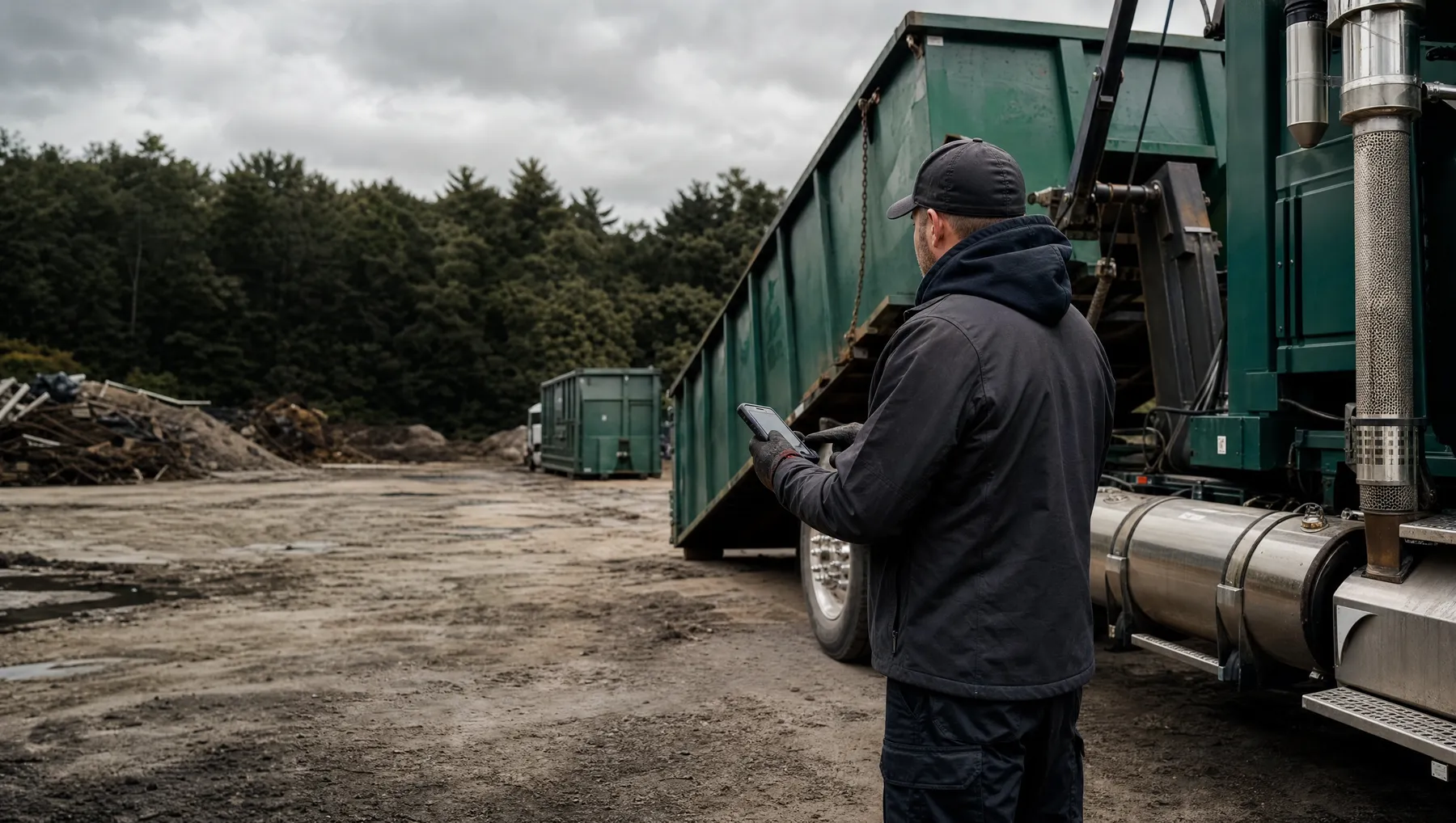 Illustrative scene of a driver reviewing a service job beside a waste truck